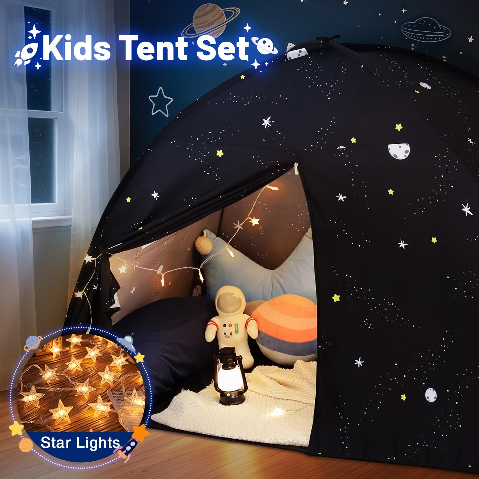 Sumbababy Large Teepee Tent star lights, side view, ideal for imaginative play.