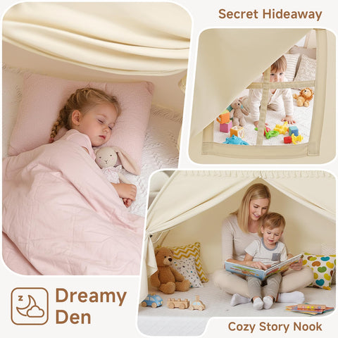 Sumbababy toddler bed canopy with flags adds playful decor.