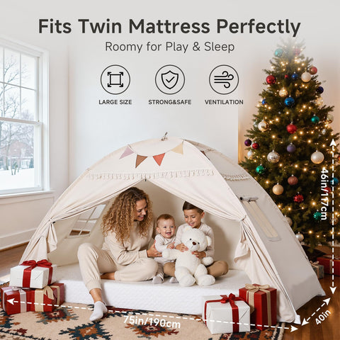 Sumbababy twin bed tent with decorative flags adding playful ambiance at bedtime.