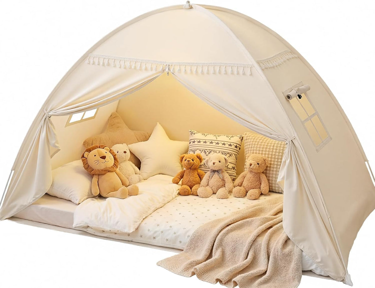 Sumbababy twin bed tent with star lights creating a cozy sleep nook for kids.
