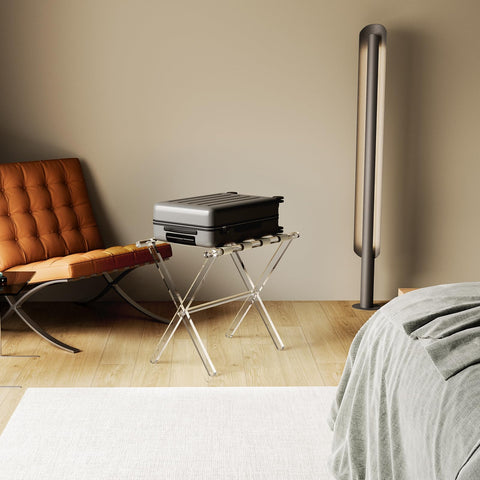 Sumerflos acrylic luggage rack ready for quick guest room staging.