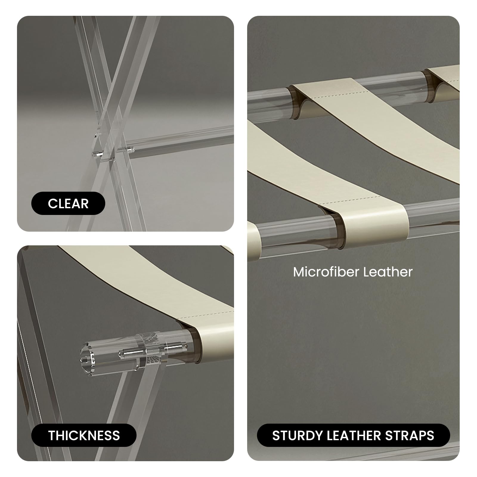 Sumerflos acrylic luggage rack in beige finish complements modern bedrooms.