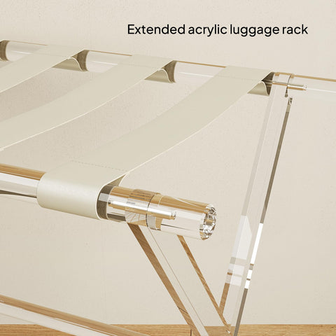 Sumerflos acrylic luggage rack with leather straps adds hotel style.