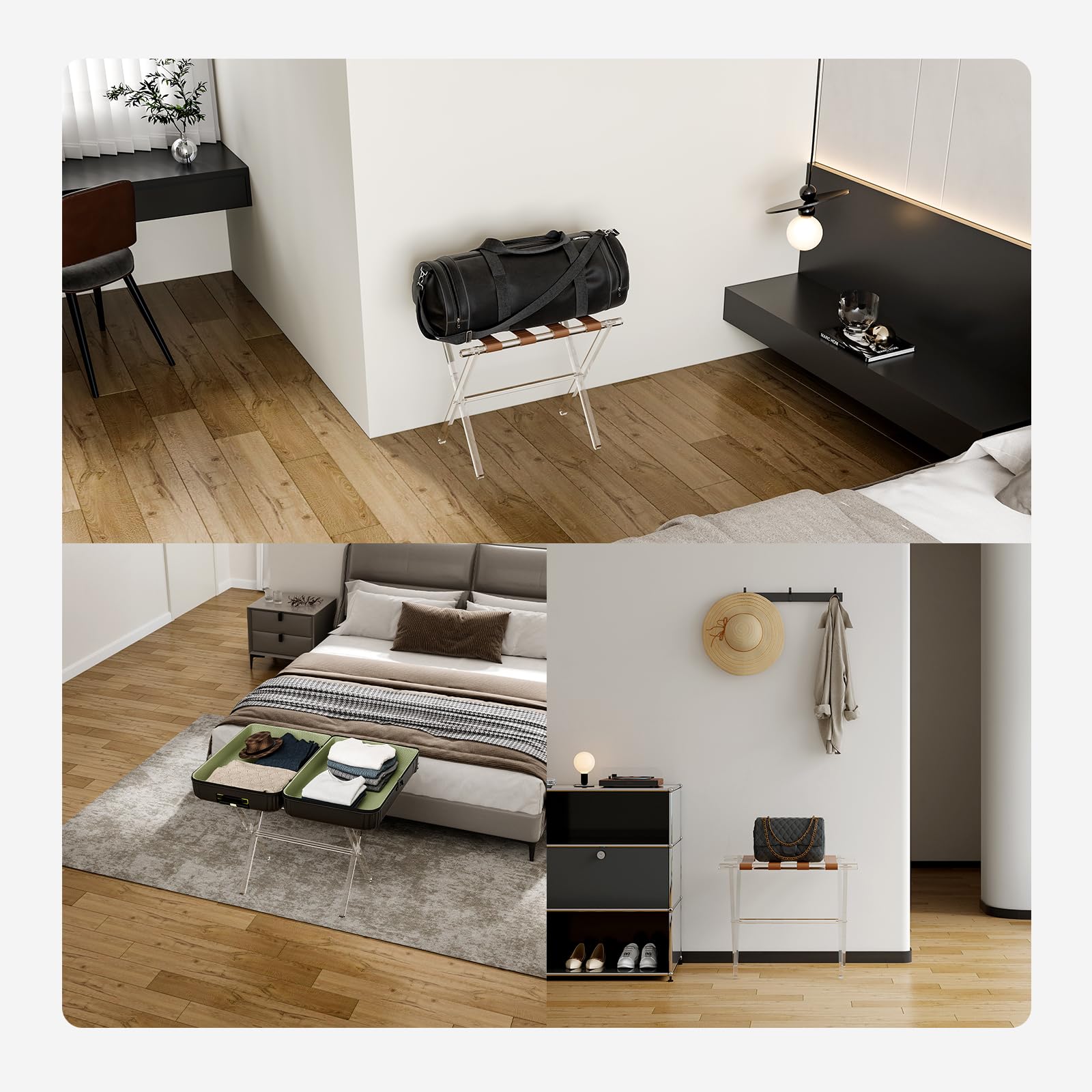 Sumerflos luggage rack keeps luggage elevated and organized for guest rooms.