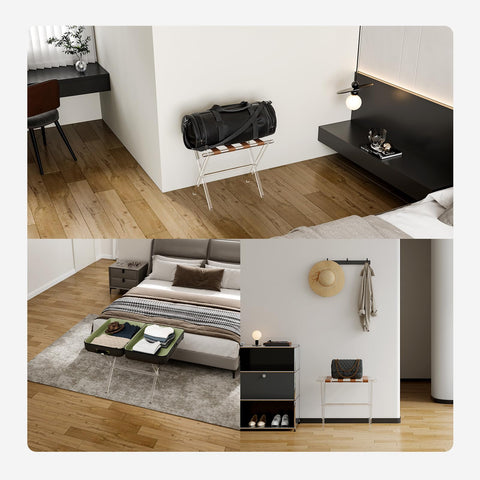 Sumerflos luggage rack keeps luggage elevated and organized for guest rooms.