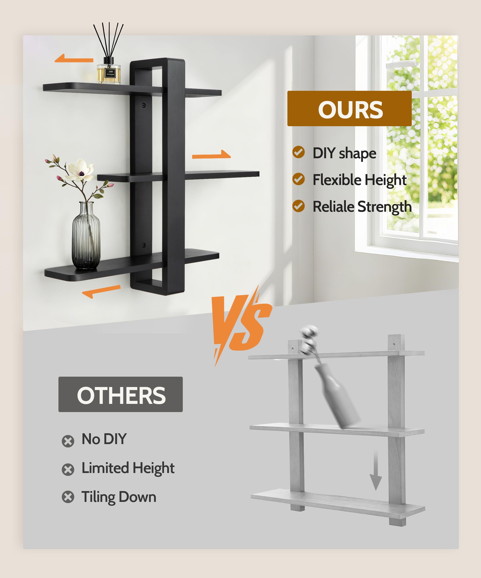 SUMGAR modern black pine wall shelves with easy installation setup