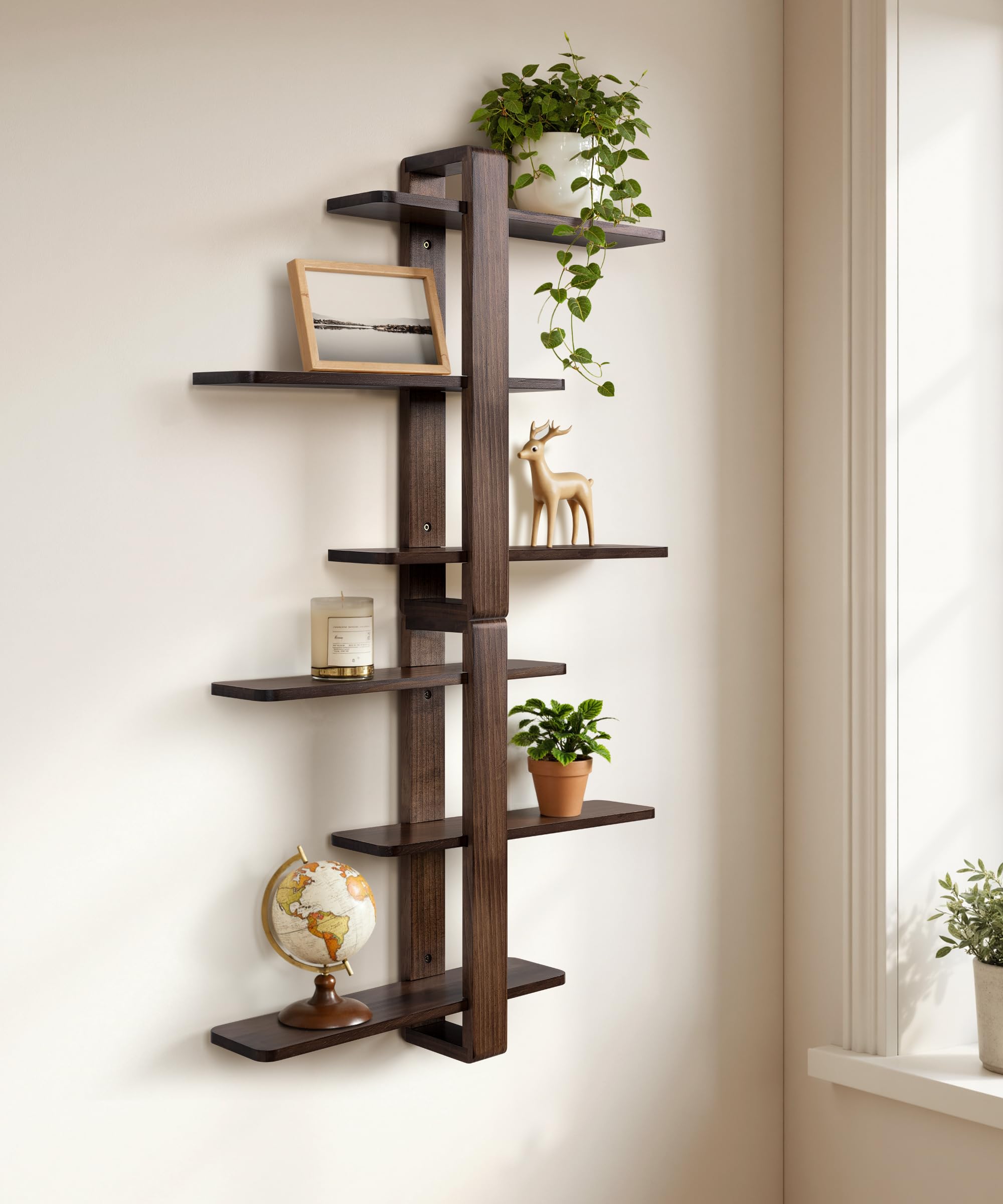 Three-tier display flexible for photos, plants, or accents.