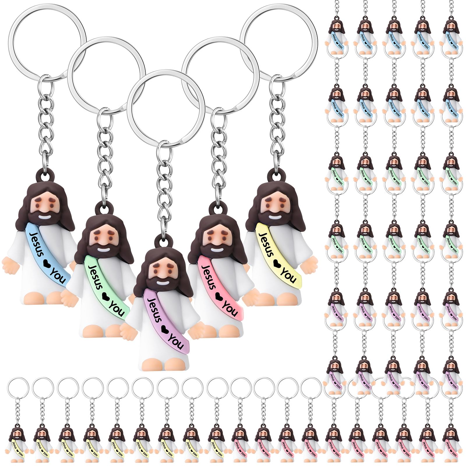 Sumind 48-piece Jesus keychain pack with colorful macaron figures for daily reminders.
