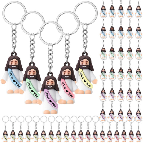 Sumind 48-piece Jesus keychain pack with colorful macaron figures for daily reminders.