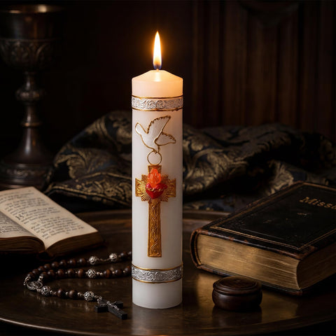 Sumind Catholic candle shows flames and dove detail for rituals