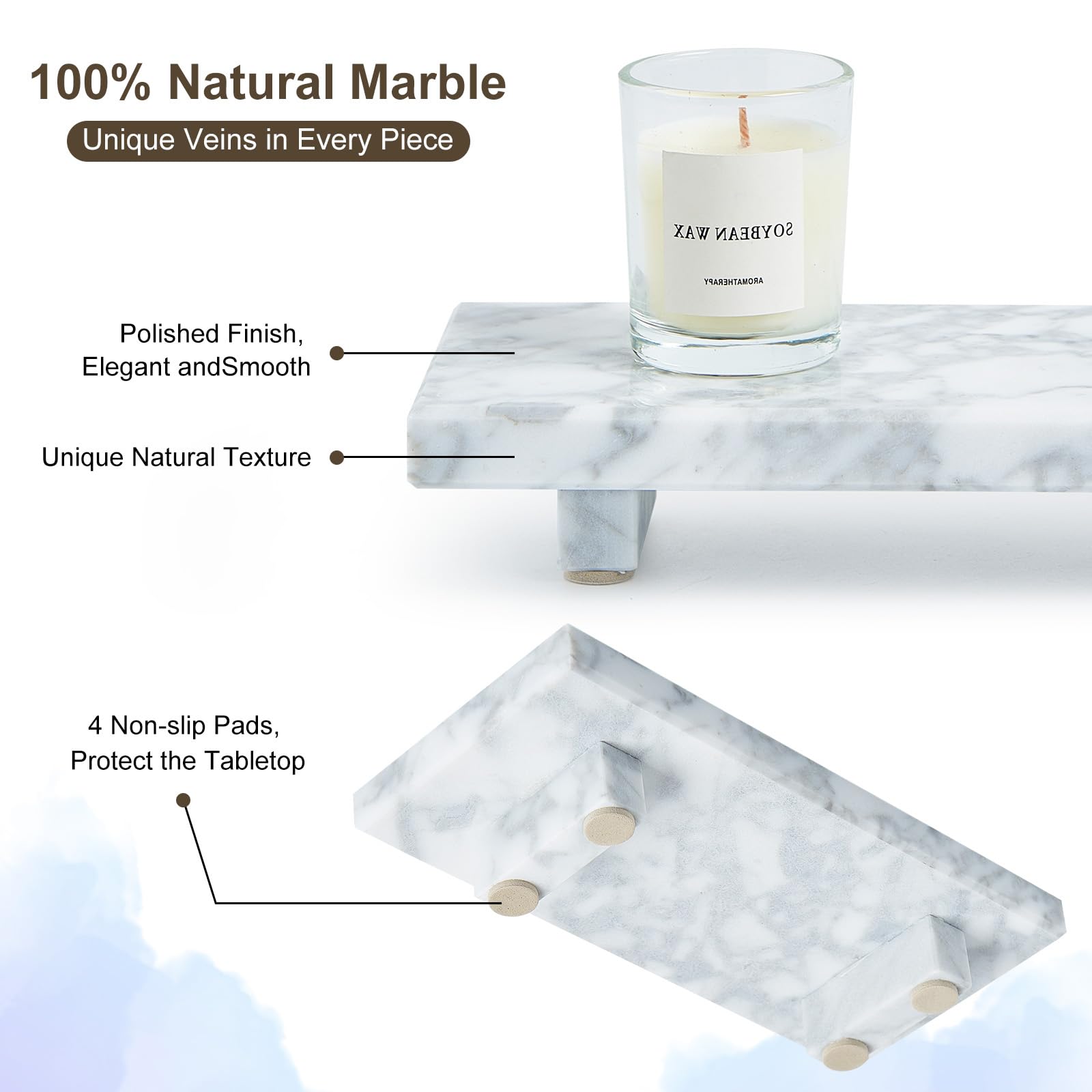 Sumlus marble tray pedestal holds jewelry and candles in tidy arrangement.