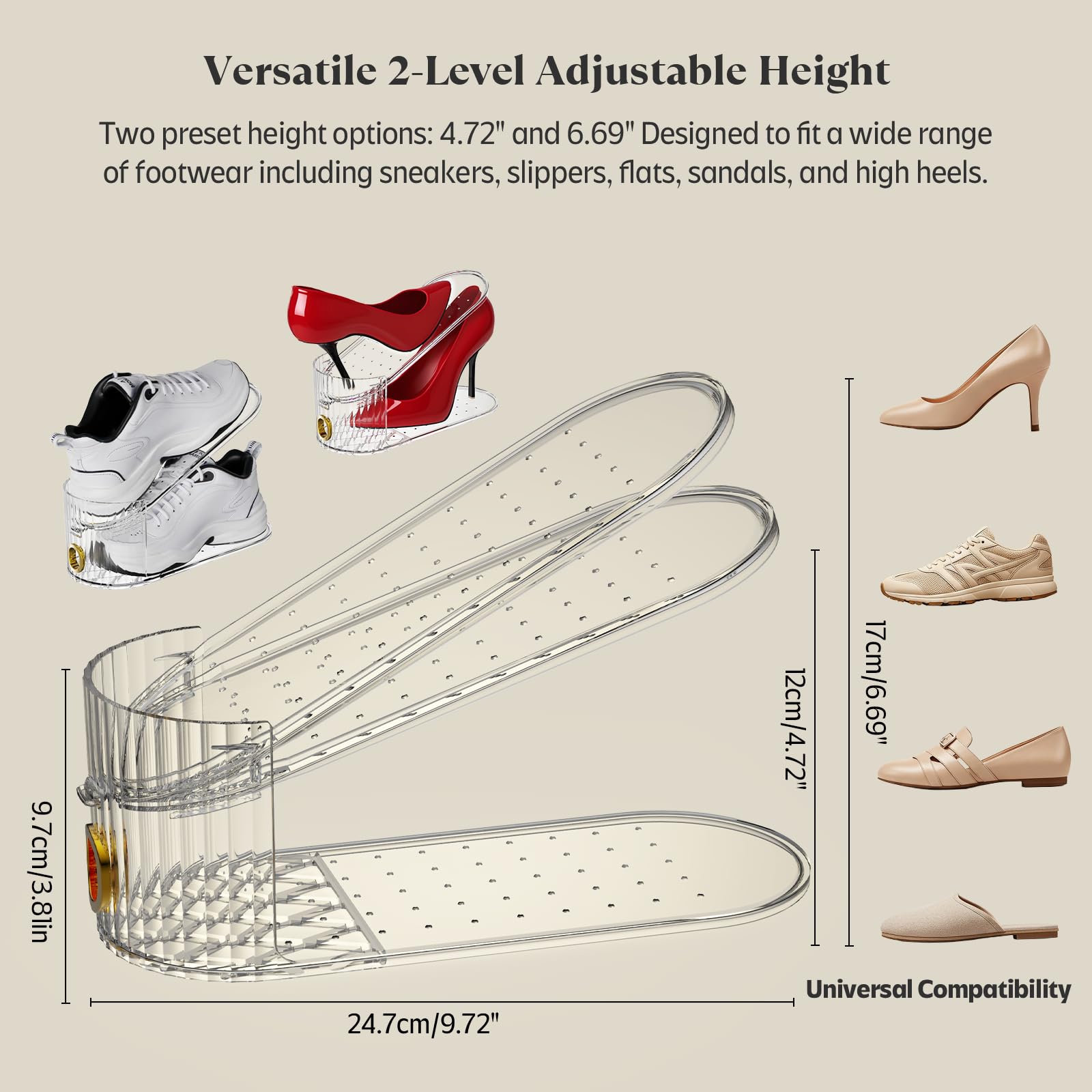 SummerVines adjustable-height shoe slots fitting various footwear heights.