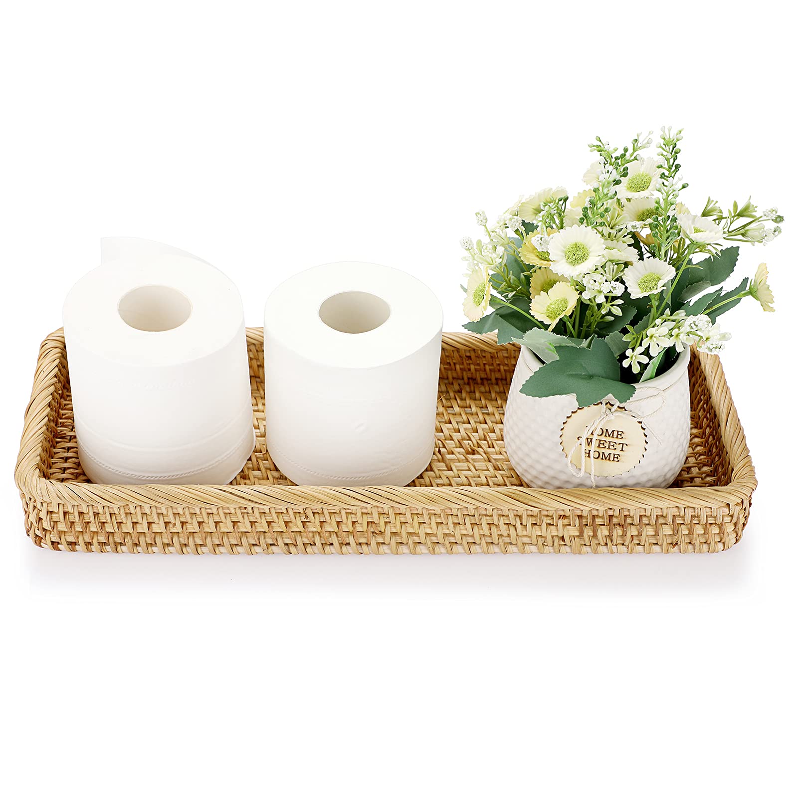 Sumnacon 16-inch rattan bathroom tray on toilet tank holding tissue and towels