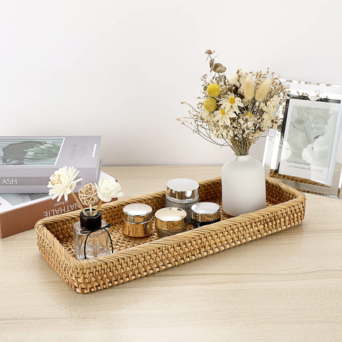 Sumnacon vanity tray on countertop providing chic storage for candles and accents