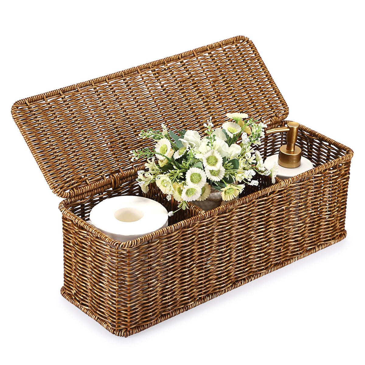 Sumnacon wicker storage basket with lid on a bathroom counter, neatly hiding items.