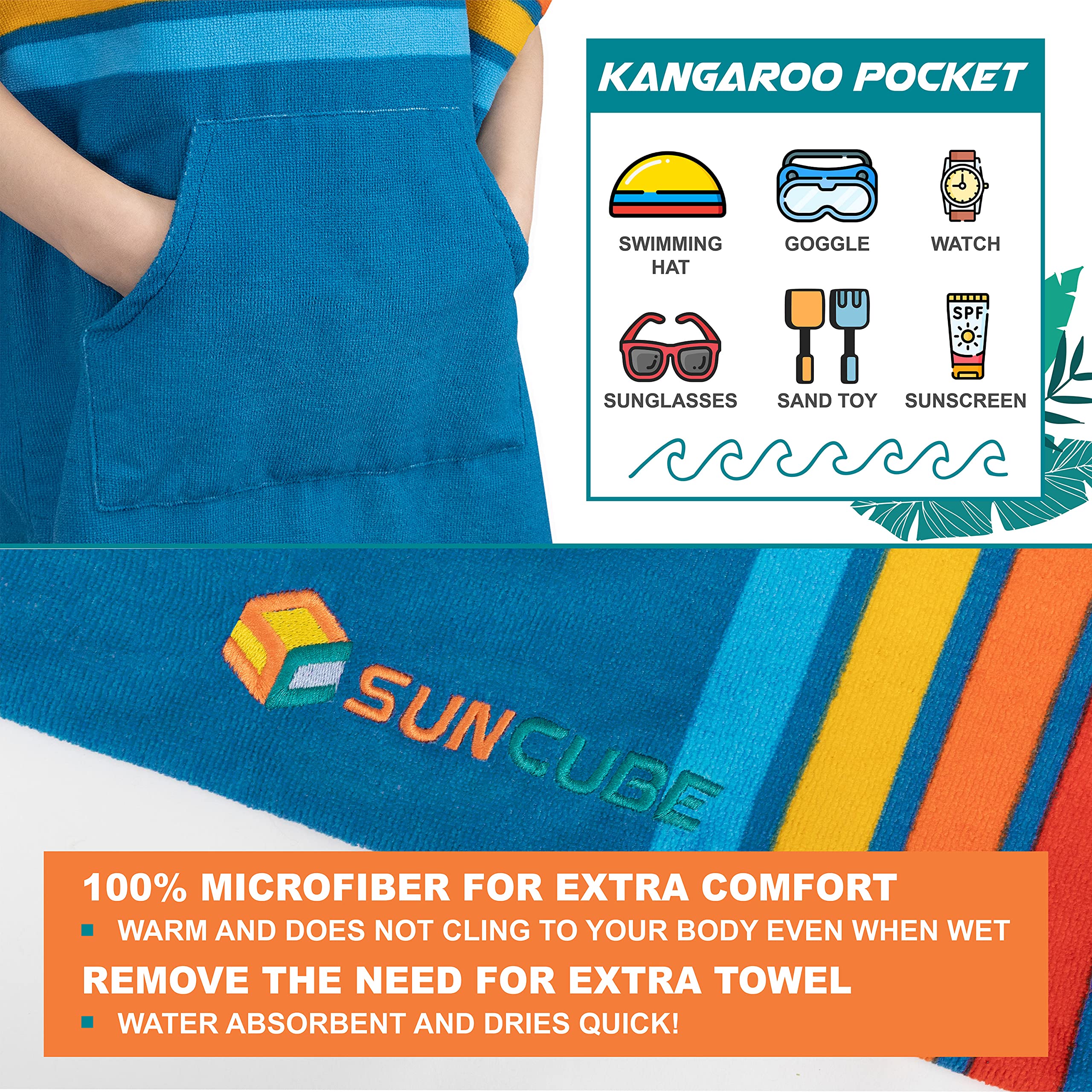 SUN CUBE kids beach towel with hood shows gentle absorbency after swimming