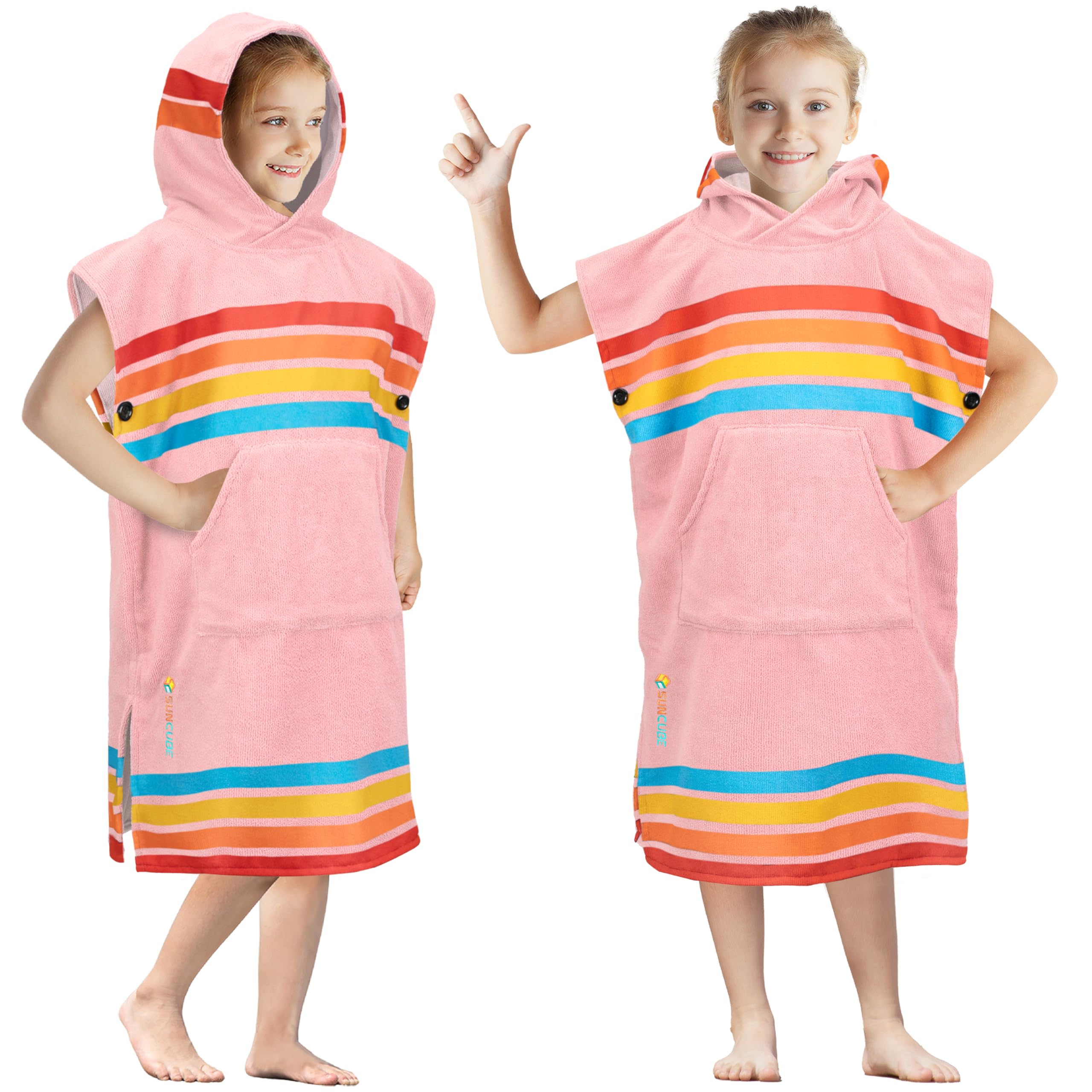 SUN CUBE Kids Changing Robe Sunset Pink front view, cozy quick-dry poncho for kids.