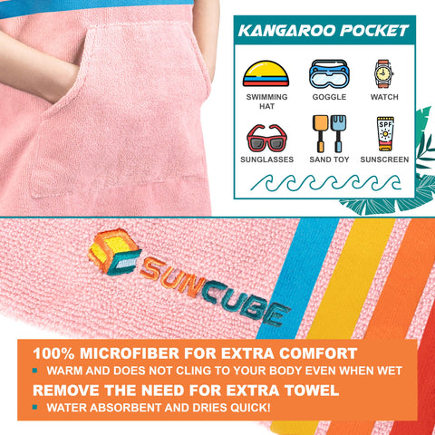 SUN CUBE Kids Changing Robe Sunset Pink front pocket, store goggles and sunscreen while changing.