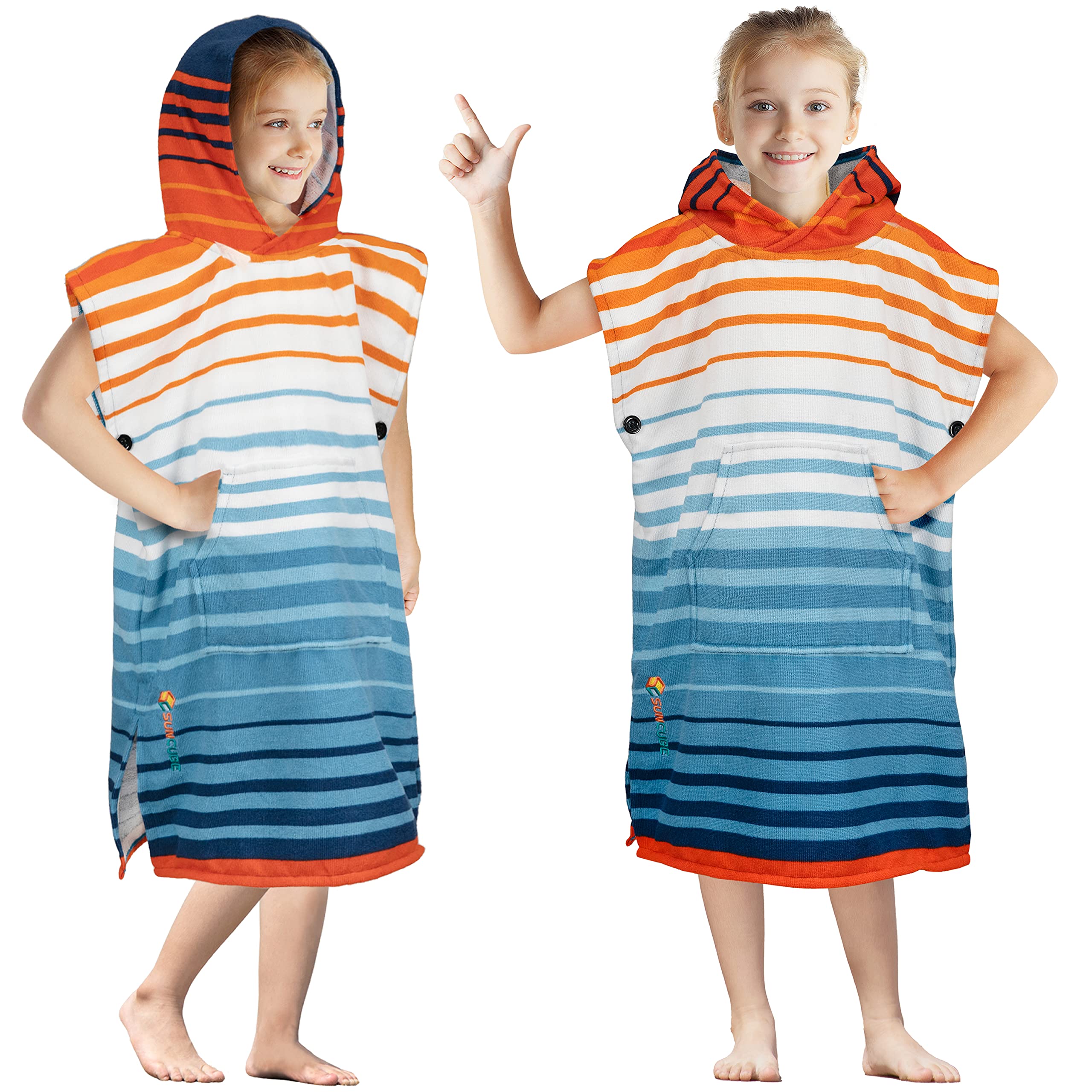 Sun Cube kids changing robe surf poncho with orange stripe for easy beach changing