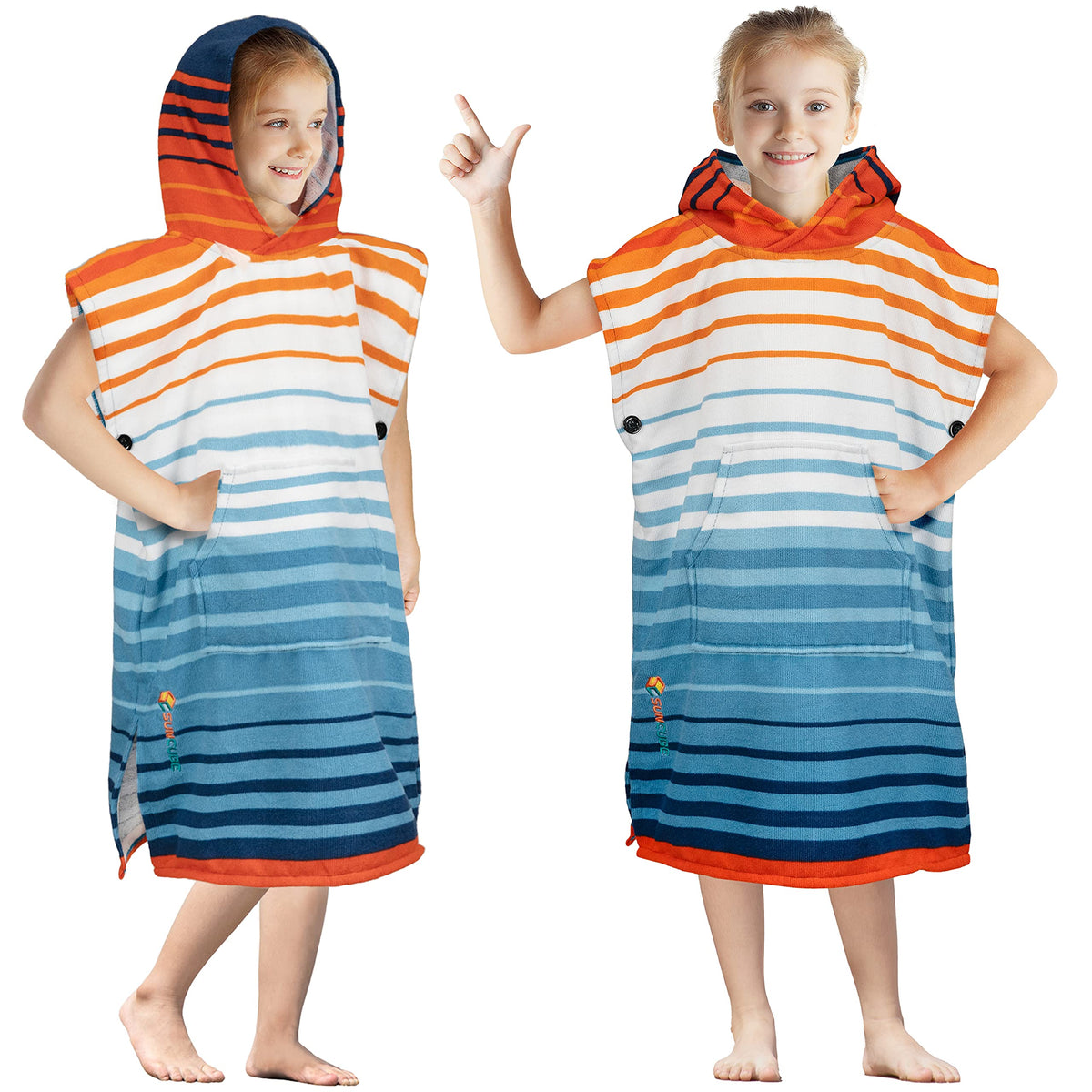Sun Cube kids changing robe surf poncho with orange stripe for easy beach changing