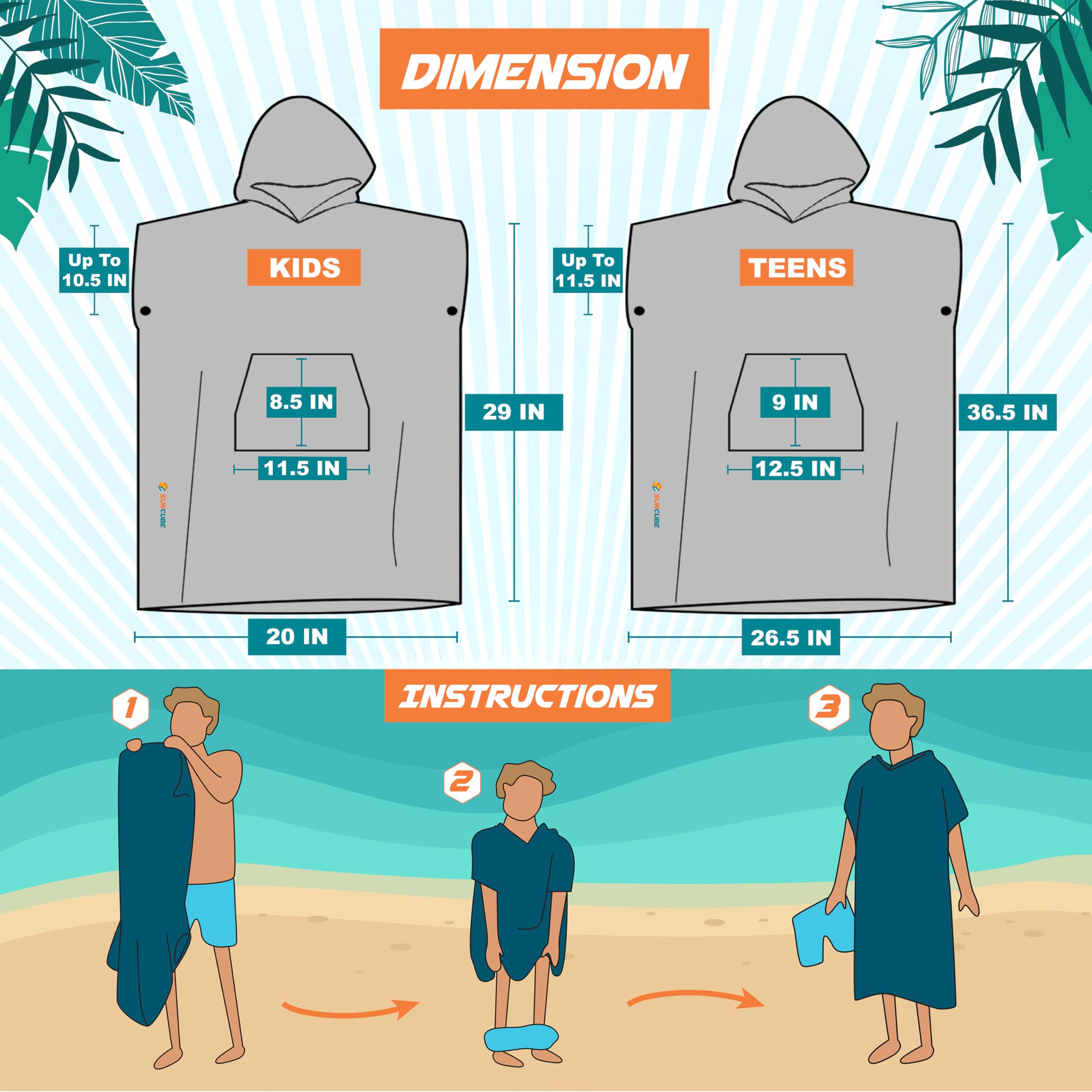 SUN CUBE hooded towel for kids in sunset blue keeps head warm at the beach