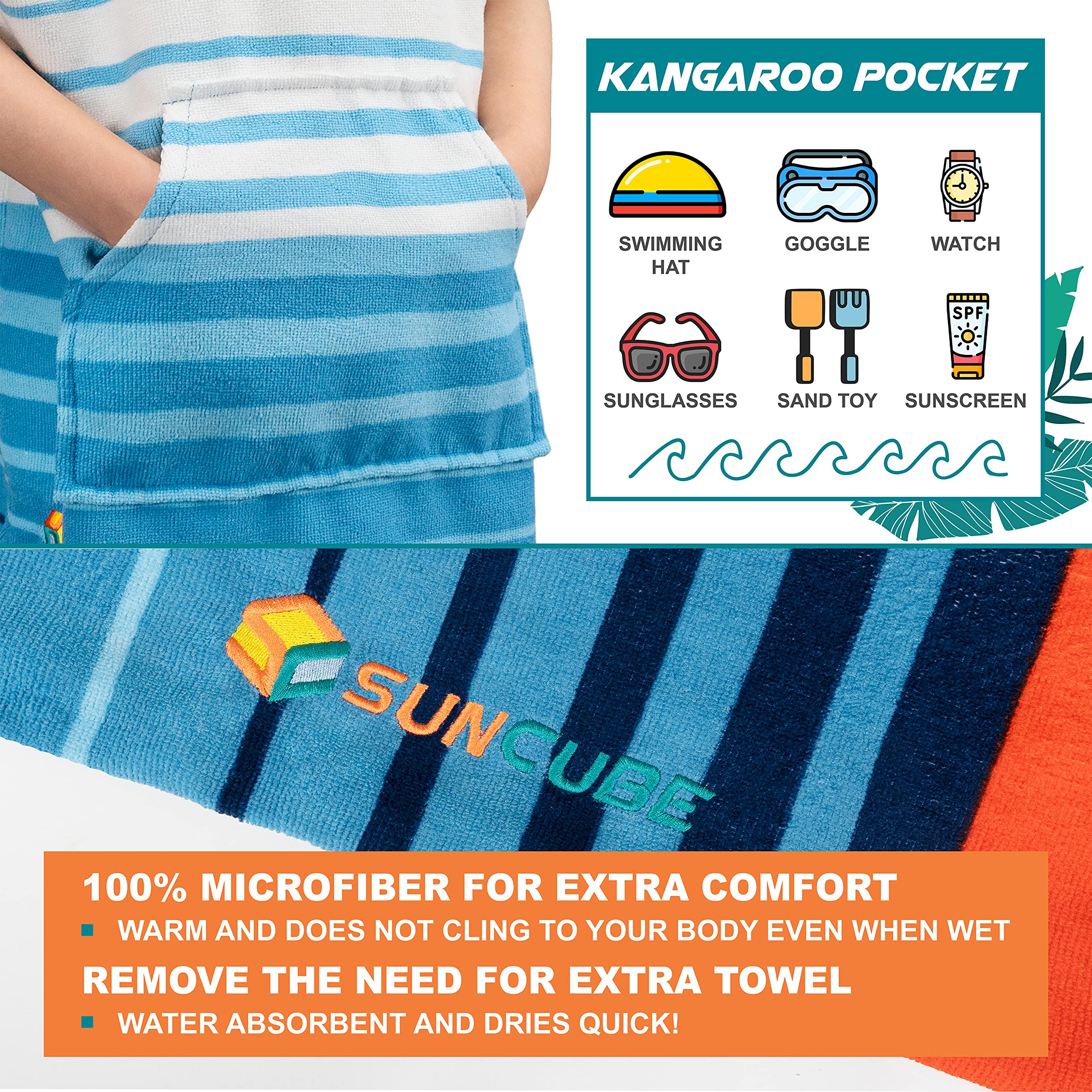Sun Cube teen hooded towel with large hood keeps head warm and dry