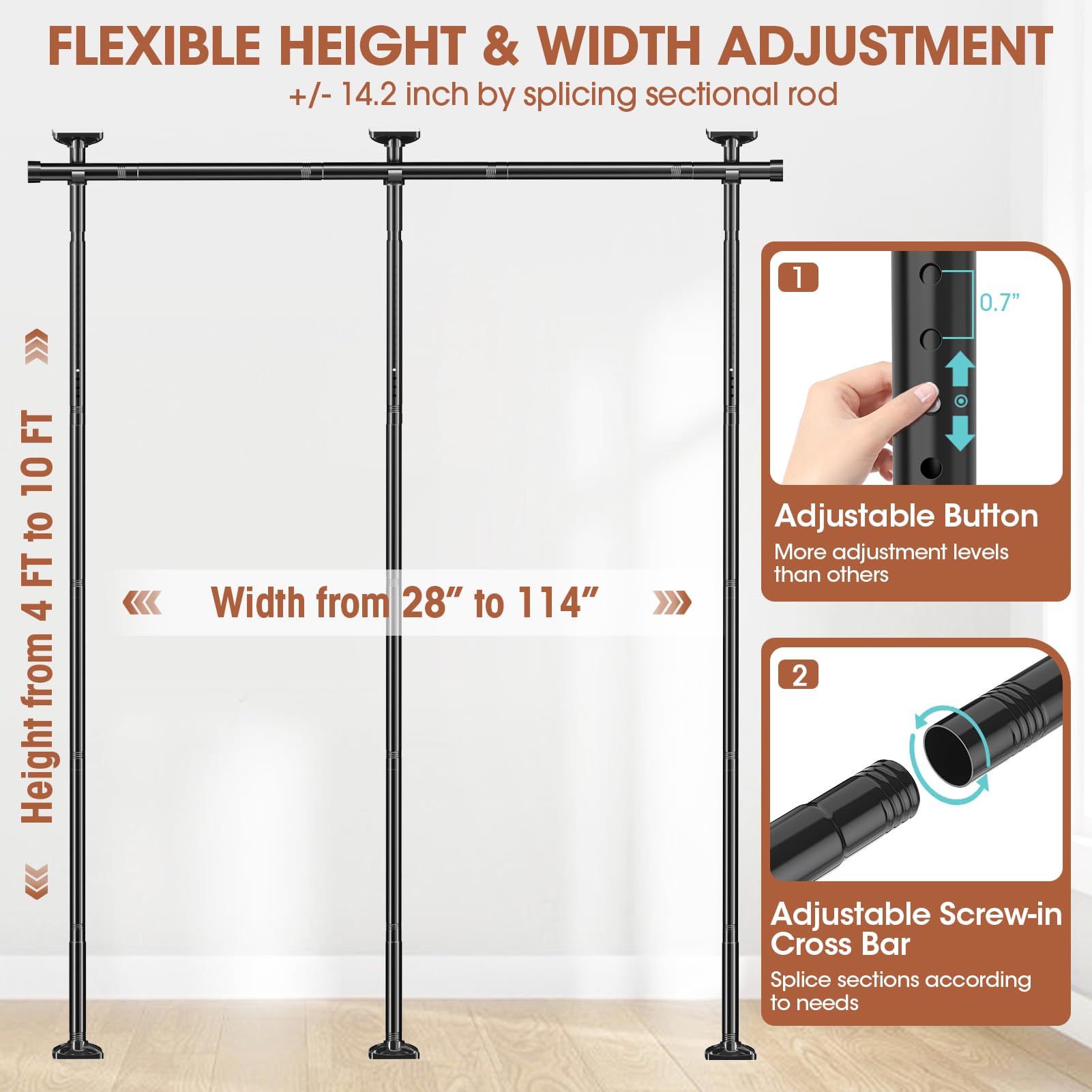 SUNALLY adjustable height-width stand shows versatile sizing for varied rooms and layouts.
