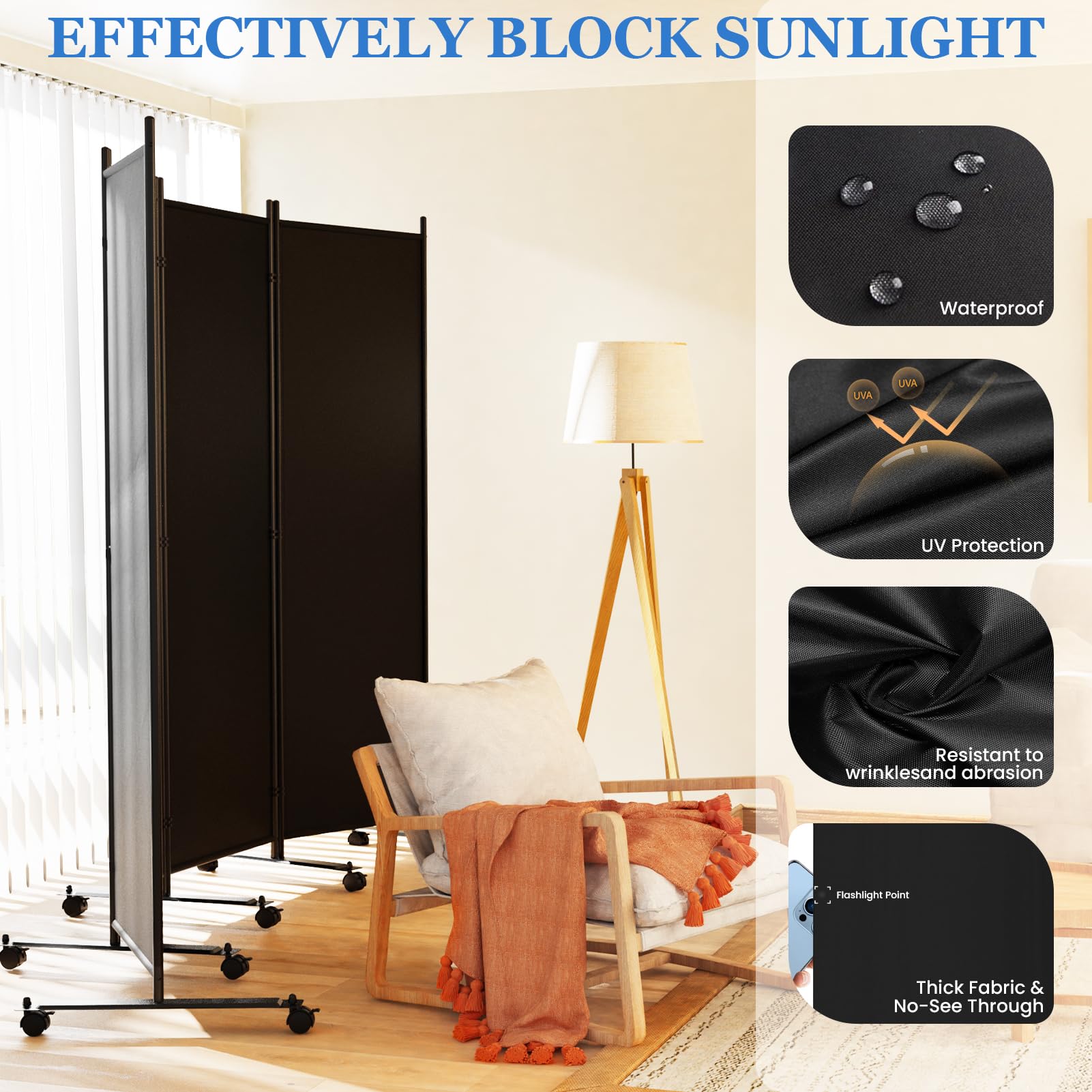 SUNALLY freestanding fabric wall divider black for versatile room zoning.