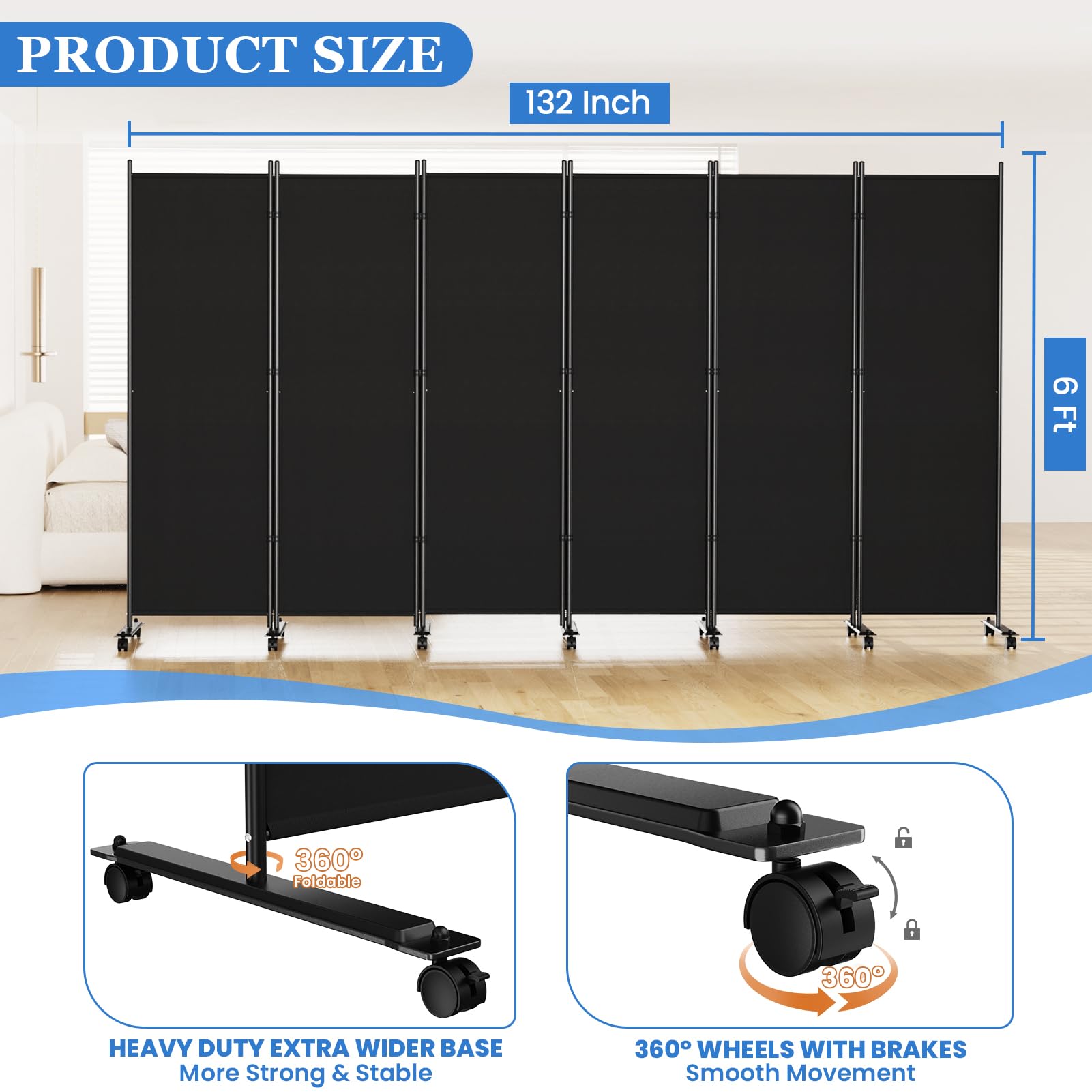 SUNALLY Room Divider with lockable wheels glides quietly for easy rearrangement.