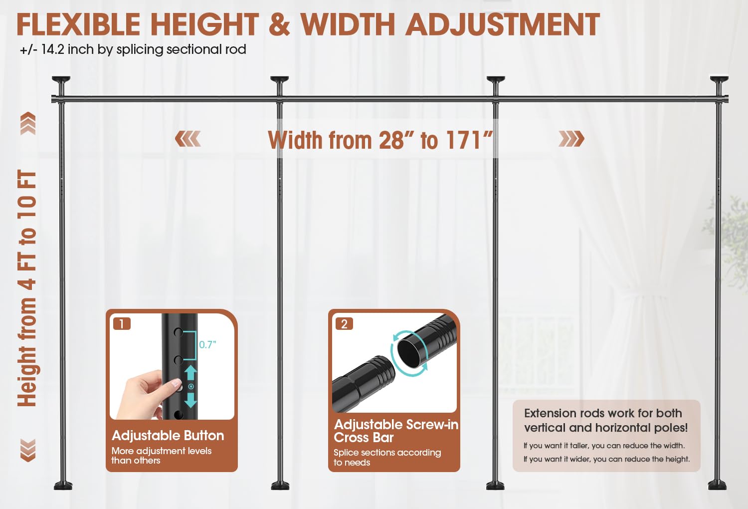 SUNALLY Room Divider Rod adjustable height range from 4 to 10 ft