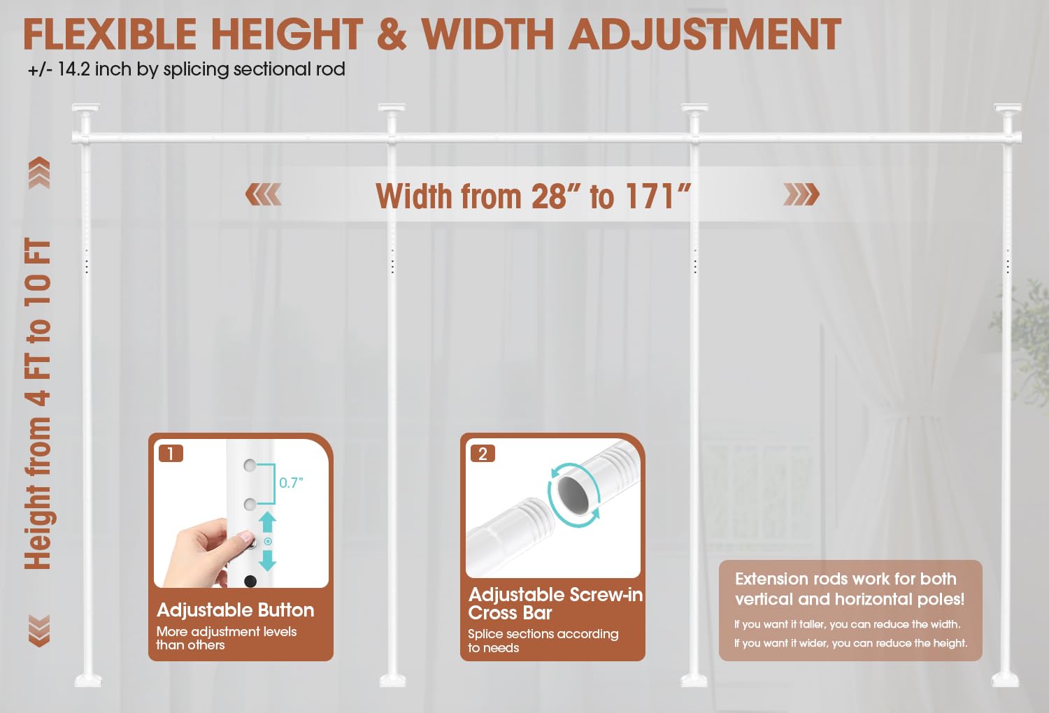 Sunally adjustable height and width fit spaces from 4ft to 10ft and 28 to 171 inches