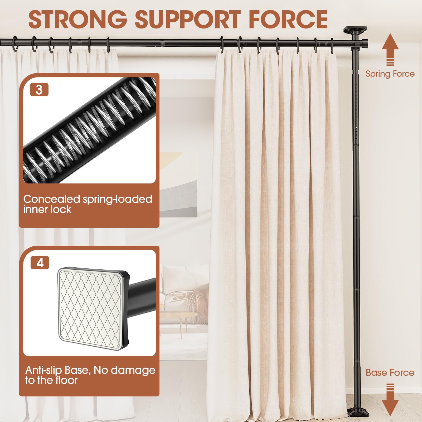 SUNALLY Room Divider Rod adjustable width range from 28 to 171 inches