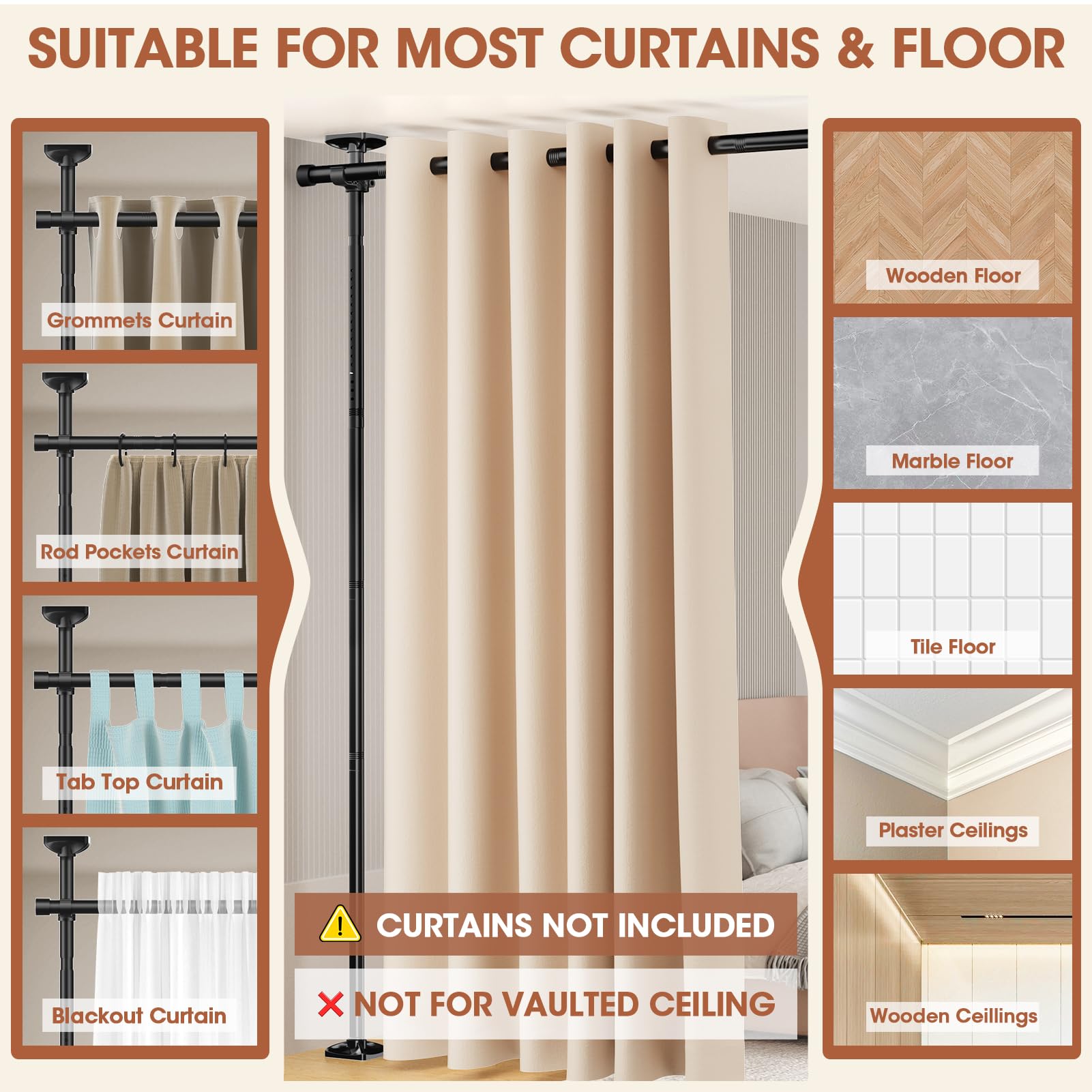 SUNALLY Room Divider Rod durable stainless steel construction resists rust