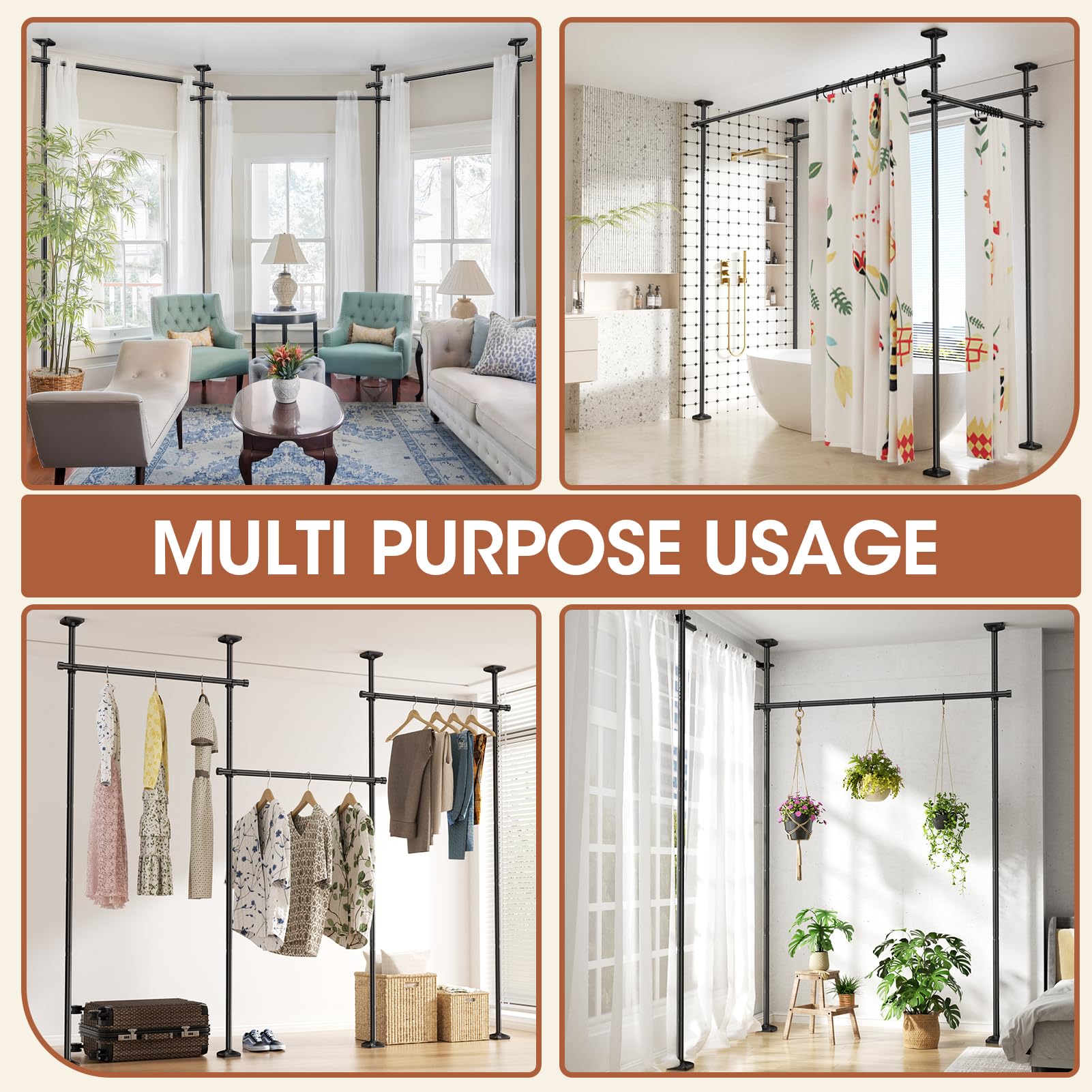 SUNALLY Room Divider Rod two configuration options for layout variety