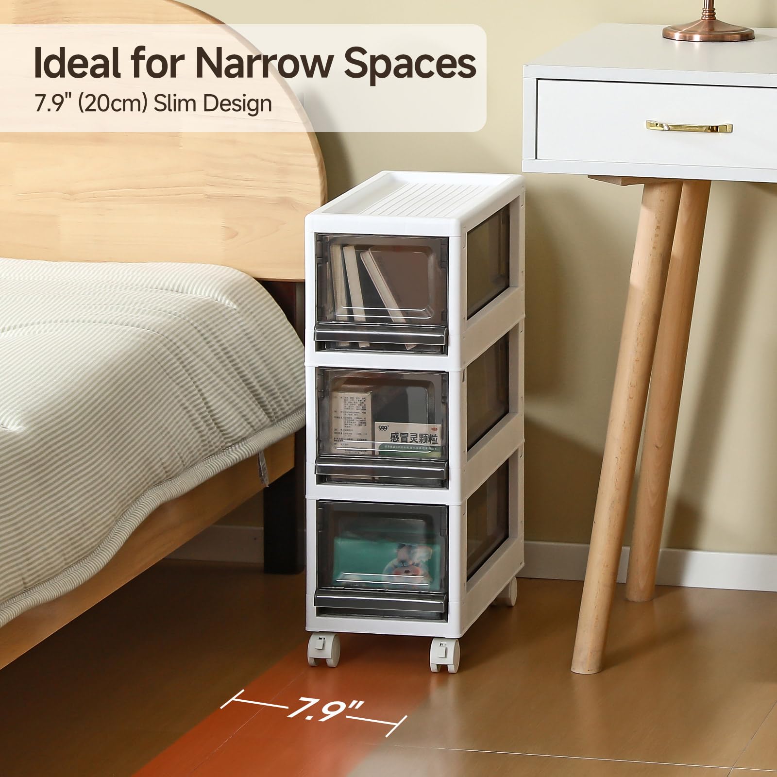 Sunamon 3-drawer cart with wheels under a desk for easy access.