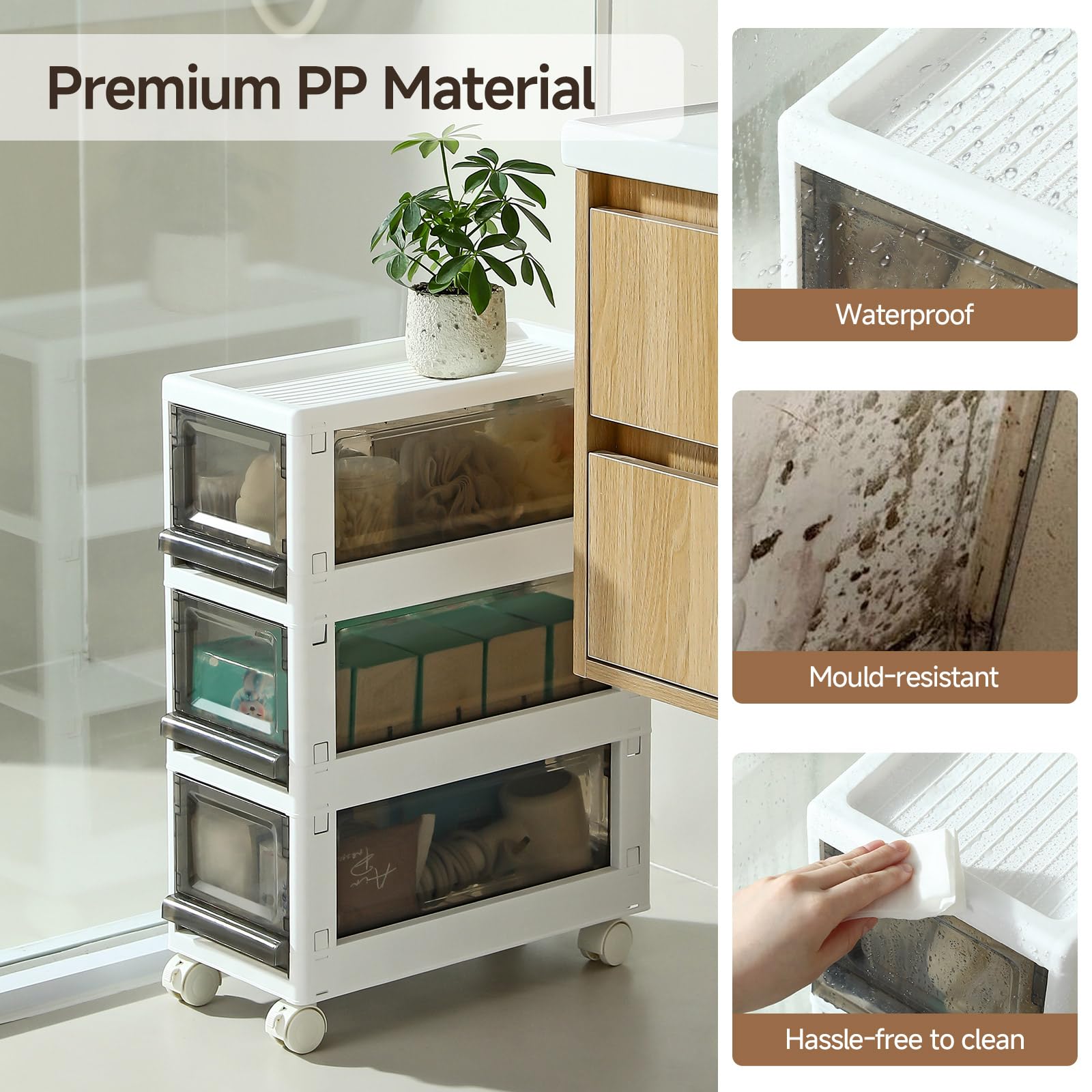 Sunamon white storage cart in a room shows lightweight, compact design.