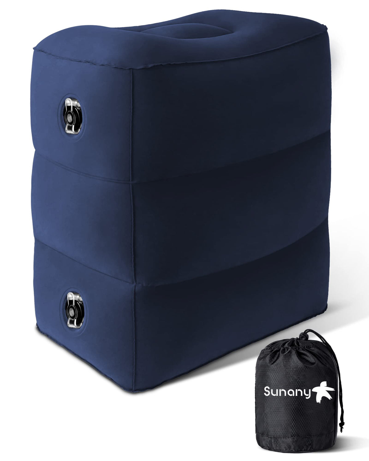 Sunany inflatable foot rest blue folded in its compact bag for travel