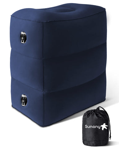 Sunany inflatable foot rest blue folded in its compact bag for travel