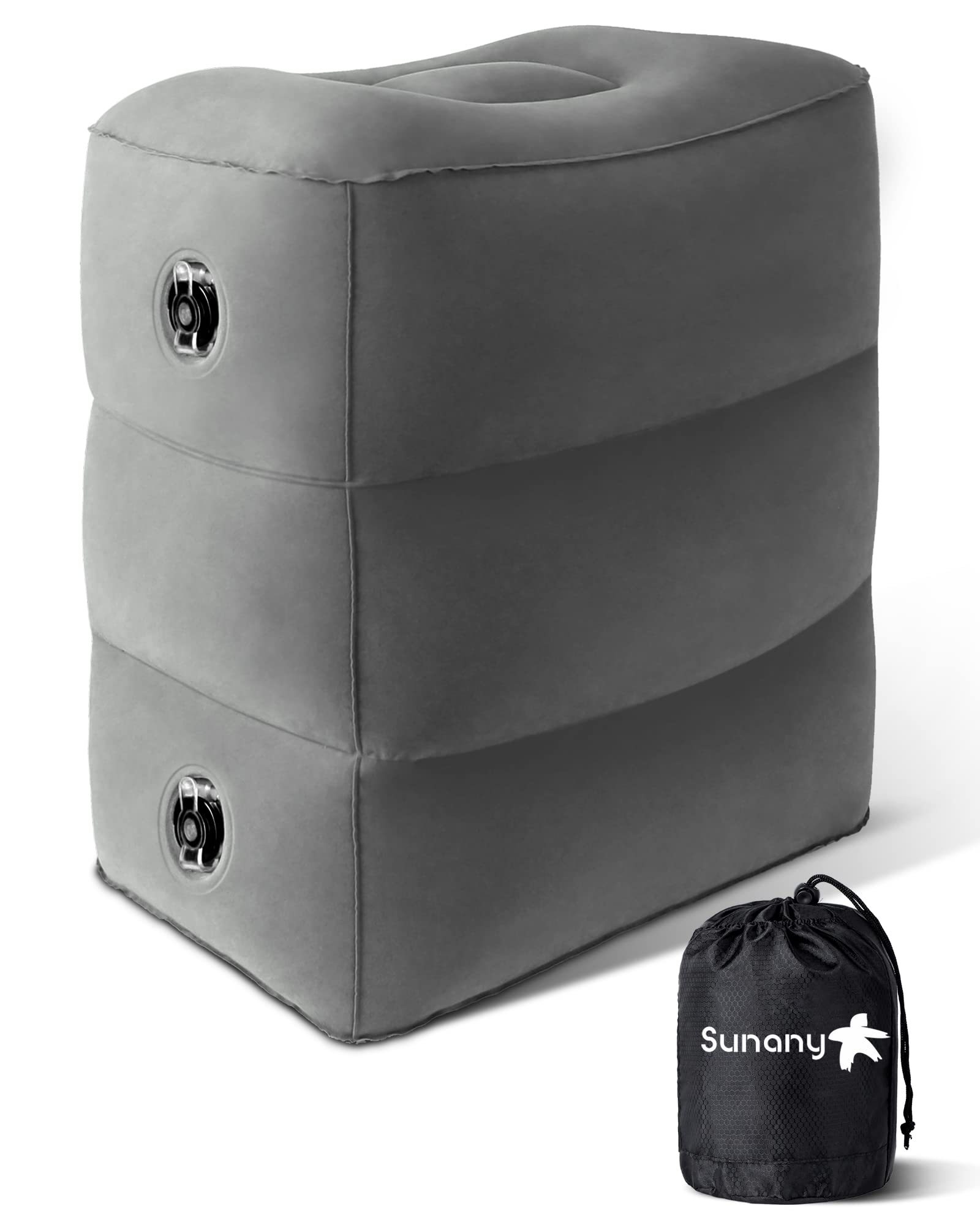 Sunany inflatable foot rest pillow in airplane setup offering compact comfort.