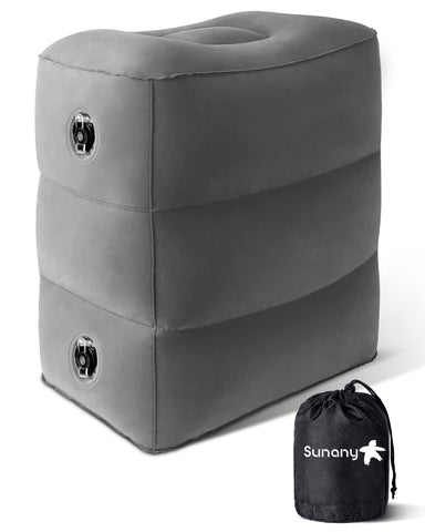 Sunany inflatable foot rest pillow in airplane setup offering compact comfort.