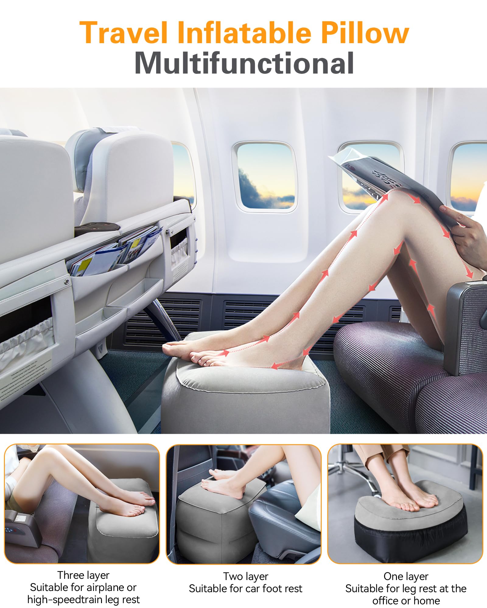 Sunany inflatable travel foot rest pillow inflated size for plane or car use
