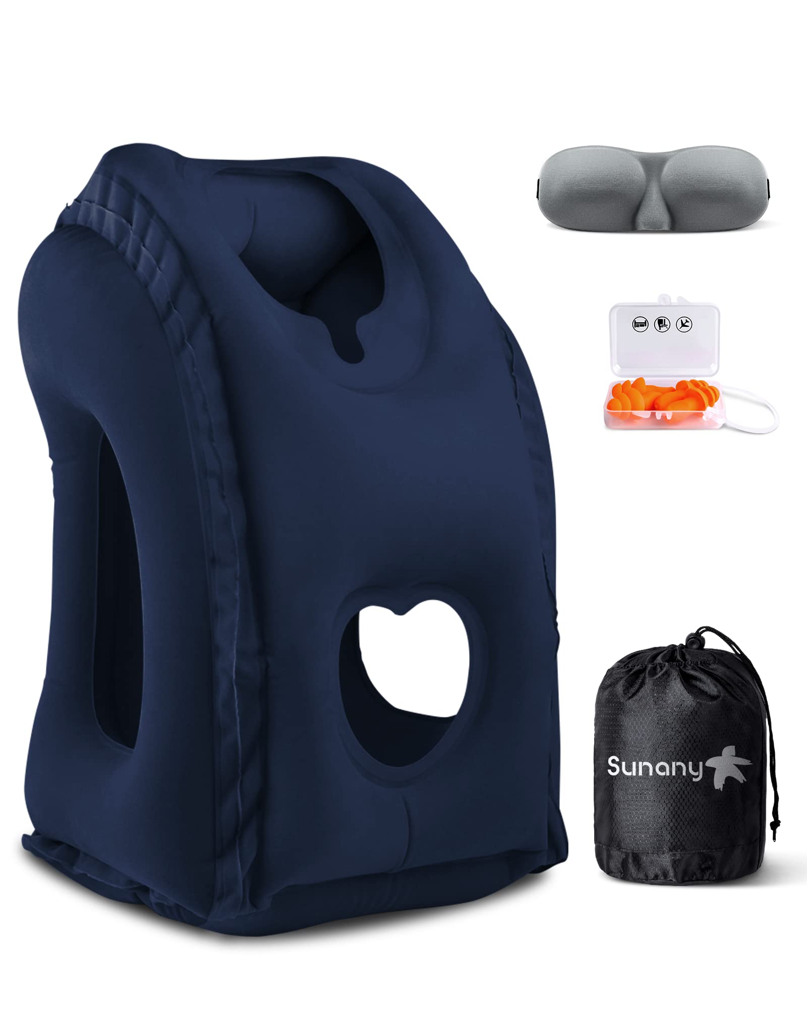 Sunany travel pillow inflatable neck blue with eye mask for plane comfort.