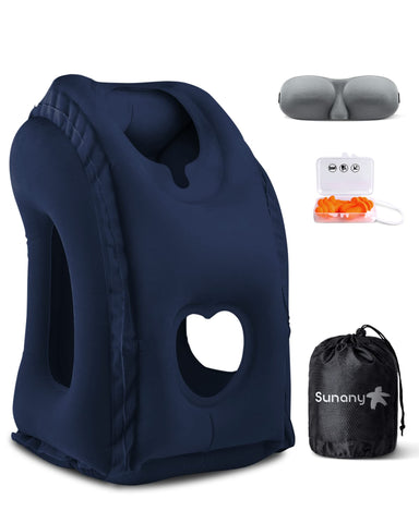Sunany travel pillow inflatable neck blue with eye mask for plane comfort.