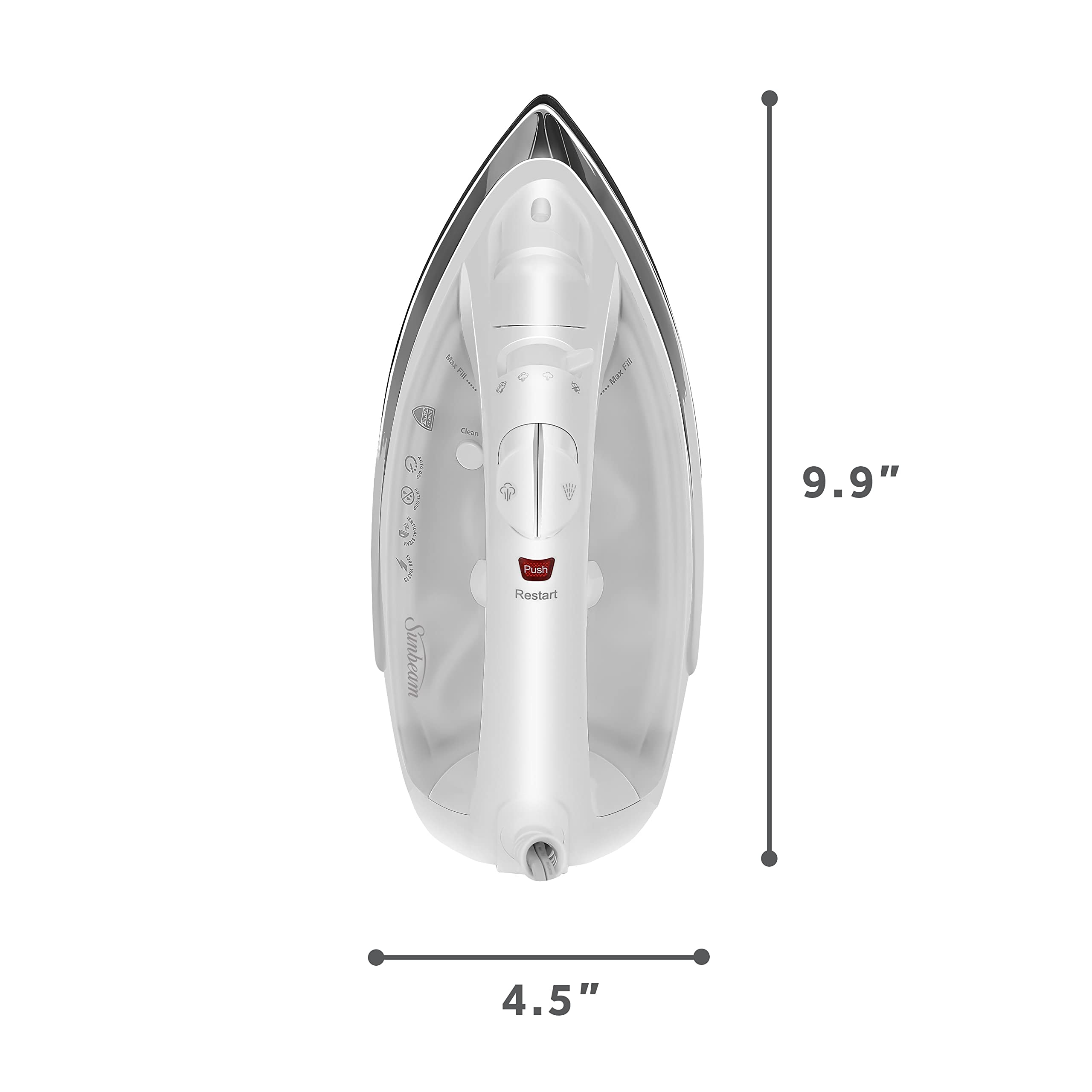 Sunbeam Classic Steam Iron precision tip detail helps reach buttons and seams.