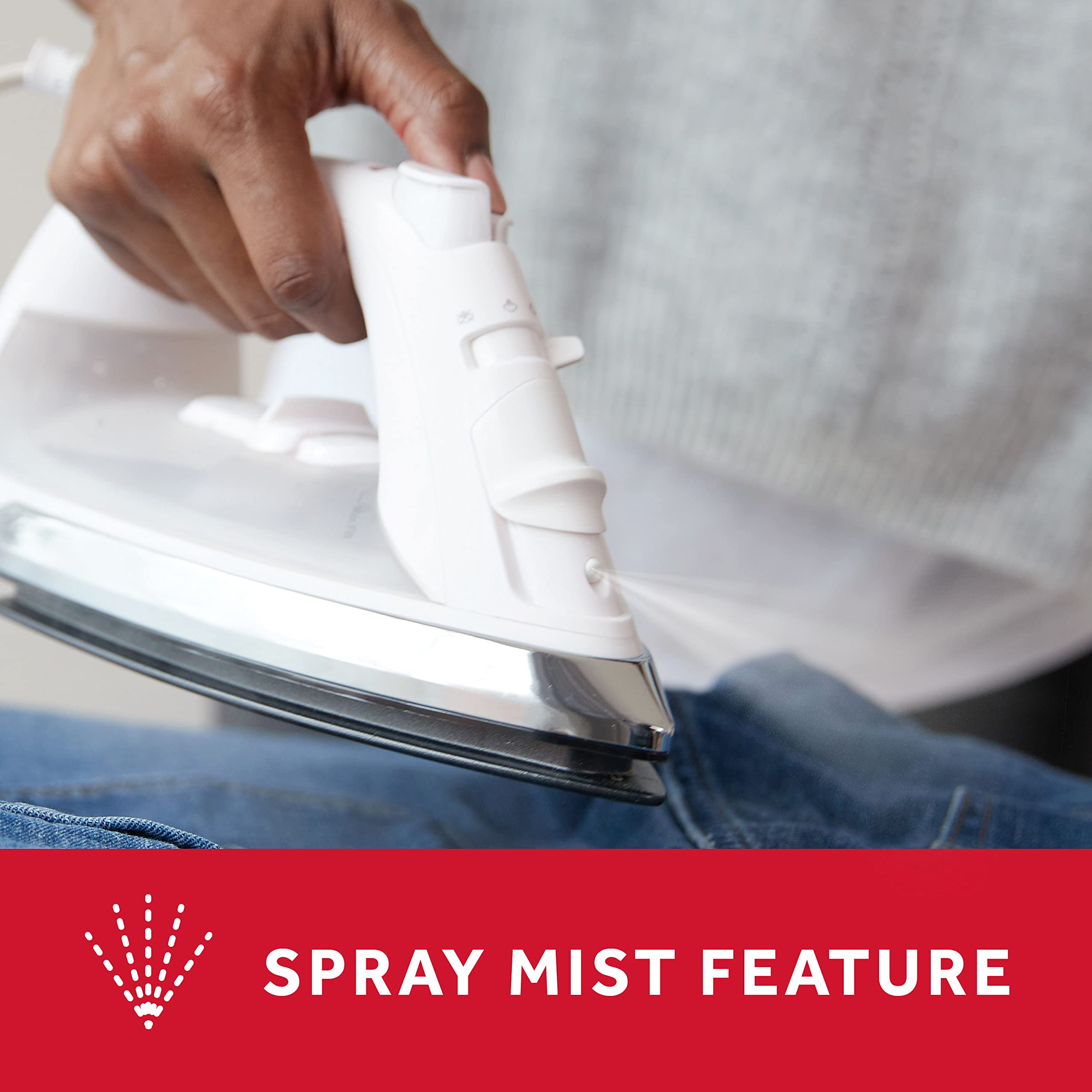 Sunbeam Classic Steam Iron vertical steam use on hanging garments for quick refreshing.