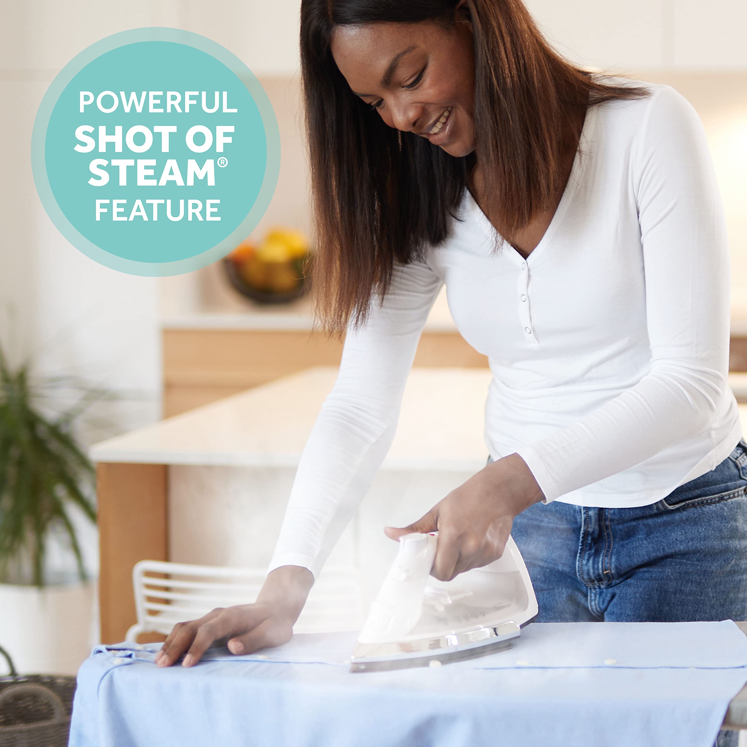 Sunbeam Classic Steam Iron water tank side view highlights anti-drip system for mess-free ironing.
