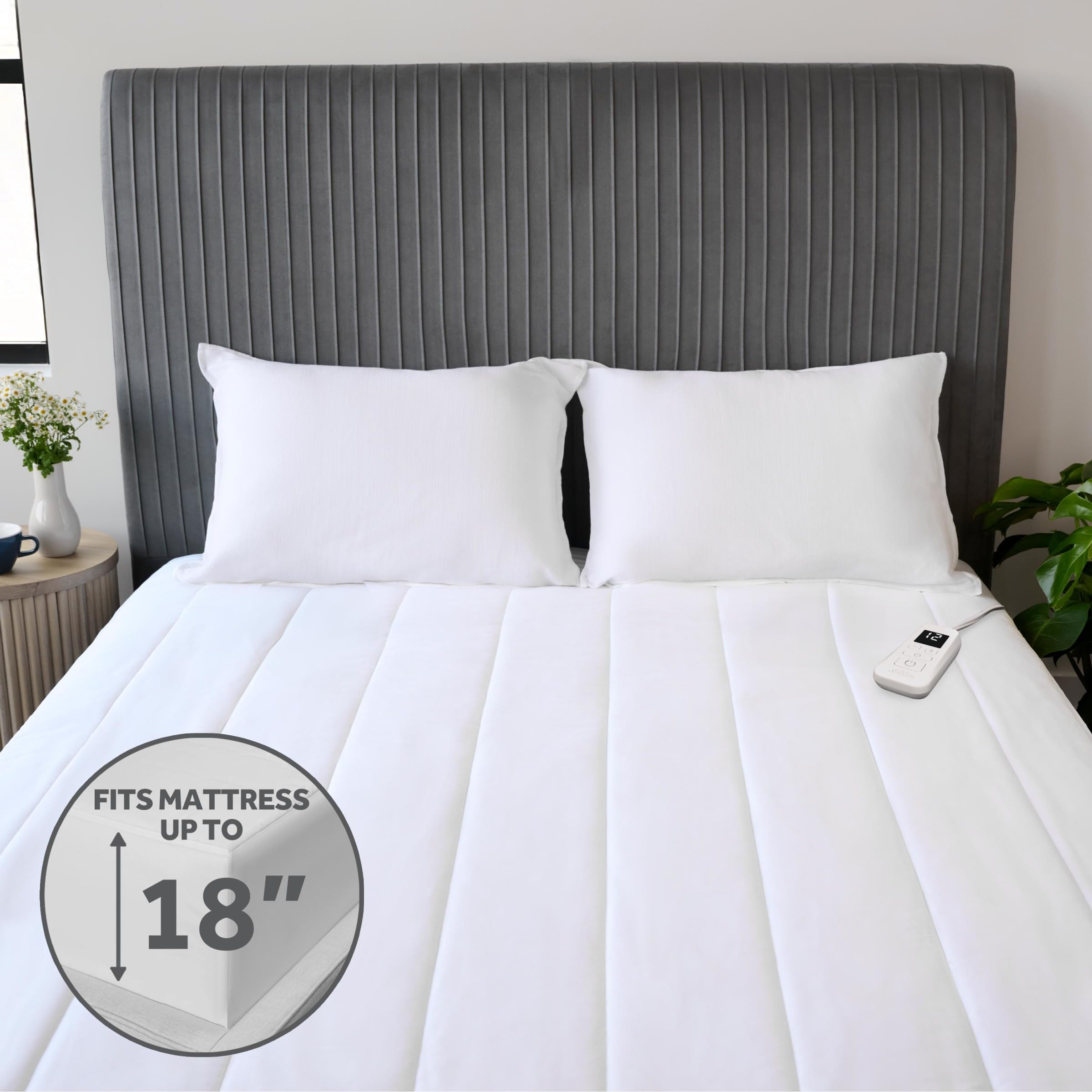 Sunbeam Restful Quilted Electric Heated Mattress Pad built-in skirt fits up to 18 inches