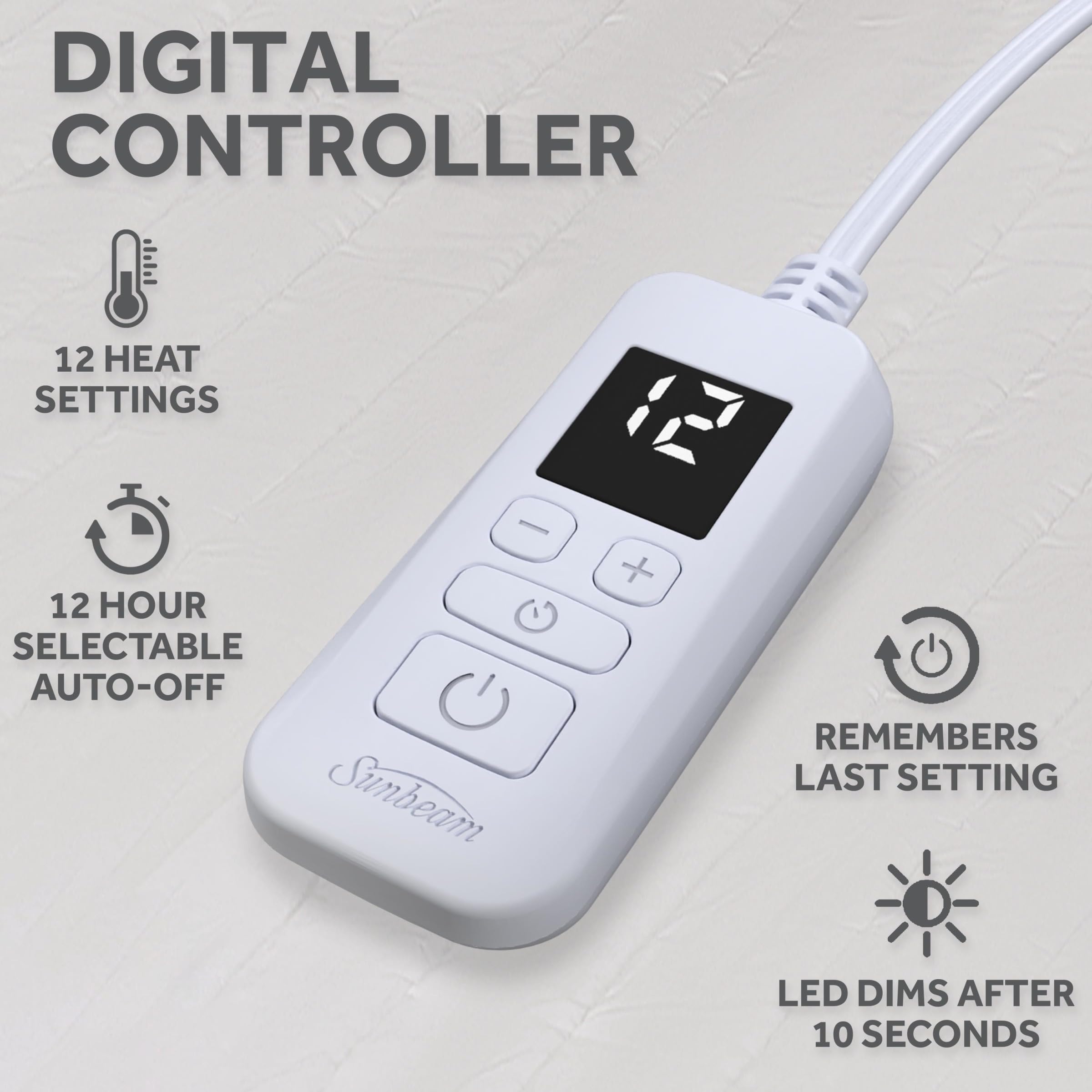 Sunbeam Restful Quilted Electric Heated Mattress Pad LED display dims at night