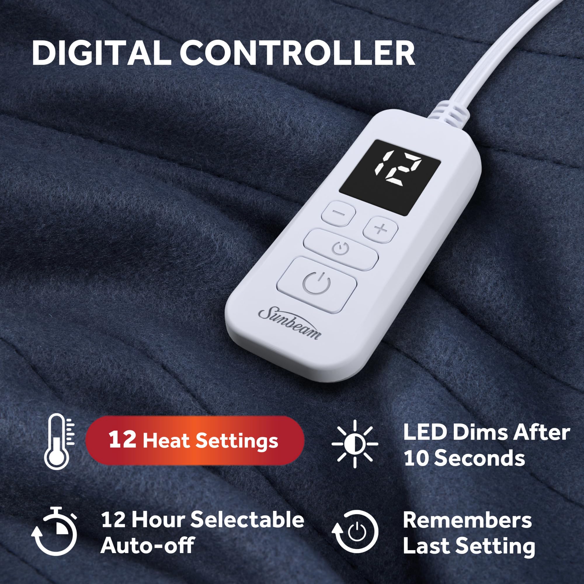 Indigo Sunbeam blanket featuring a digital controller for easy temperature control.
