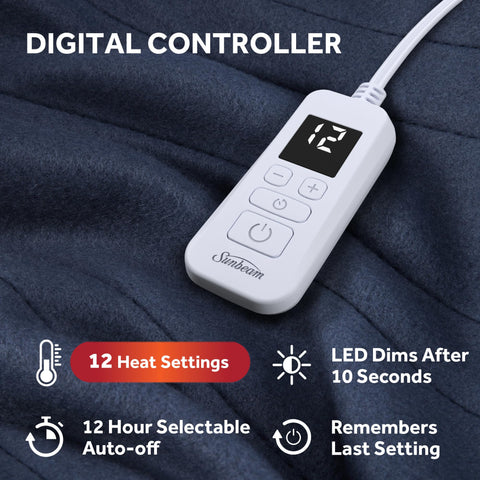 Indigo Sunbeam blanket featuring a digital controller for easy temperature control.